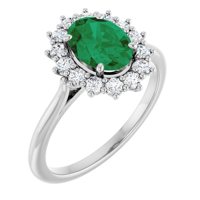 Ophelia - Oval Lab-Grown Emerald Prong Set Halo Engagement Ring