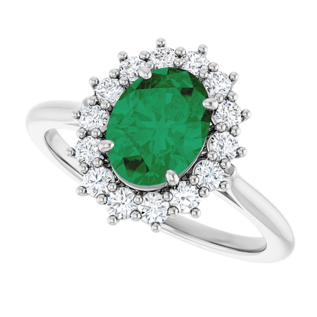 Ophelia - Oval Lab-Grown Emerald Prong Set Halo Engagement Ring