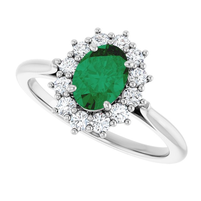 Ophelia - Oval Lab-Grown Emerald Prong Set Halo Engagement Ring