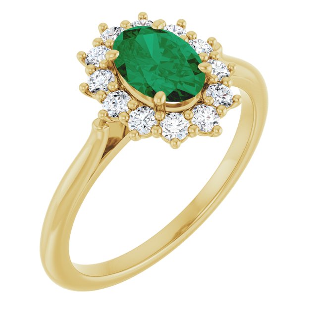 Ophelia - Oval Lab-Grown Emerald Prong Set Halo Engagement Ring