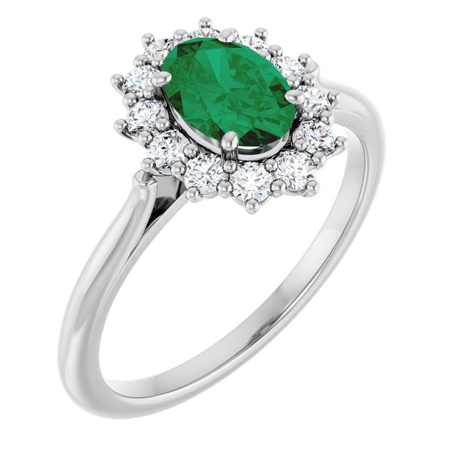 Ophelia - Oval Lab-Grown Emerald Prong Set Halo Engagement Ring