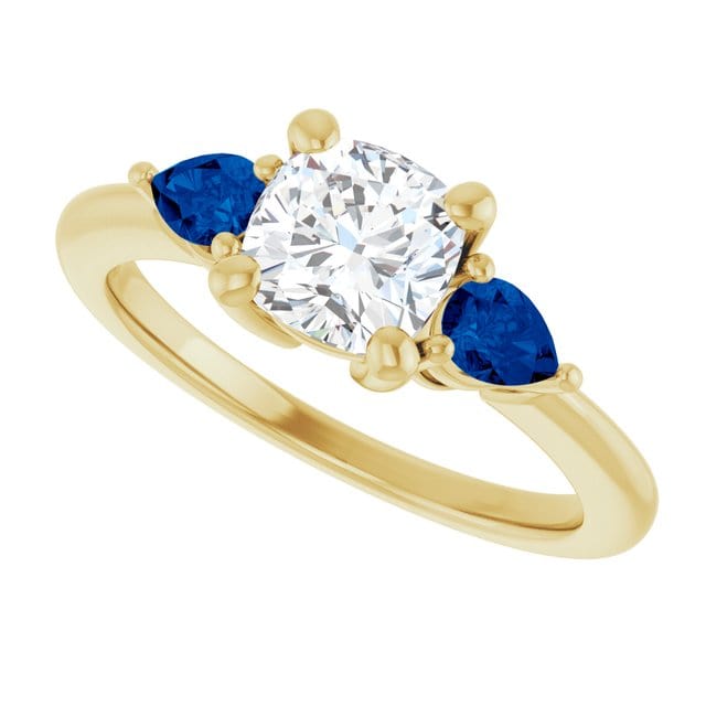 Tressa Bridal Set- Three Stone Cushion Moissanite & Pear Blue Sapphire Engagement Ring & Cecilia Band