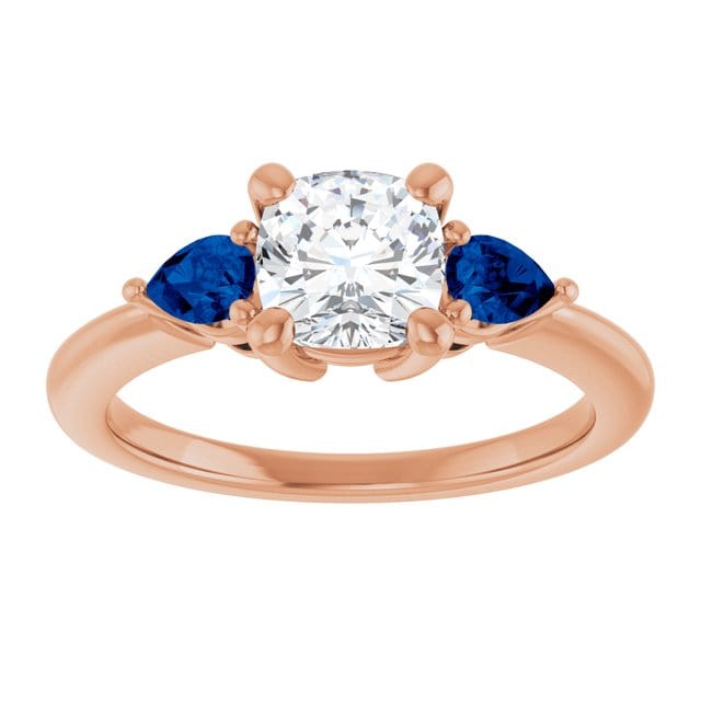 Tressa Bridal Set- Three Stone Cushion Moissanite & Pear Blue Sapphire Engagement Ring & Cecilia Band