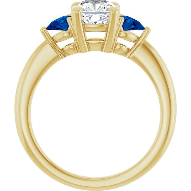 Tressa Bridal Set- Three Stone Cushion Moissanite & Pear Blue Sapphire Engagement Ring & Cecilia Band