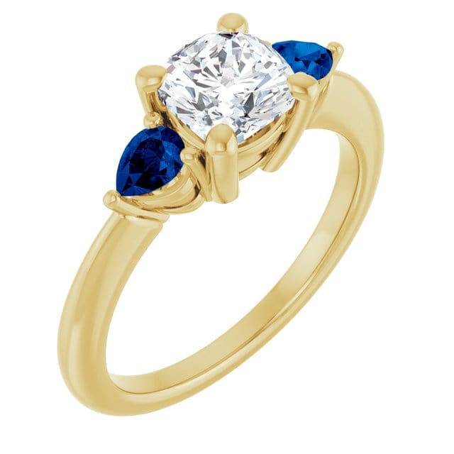 Tressa Bridal Set- Three Stone Cushion Moissanite & Pear Blue Sapphire Engagement Ring & Cecilia Band