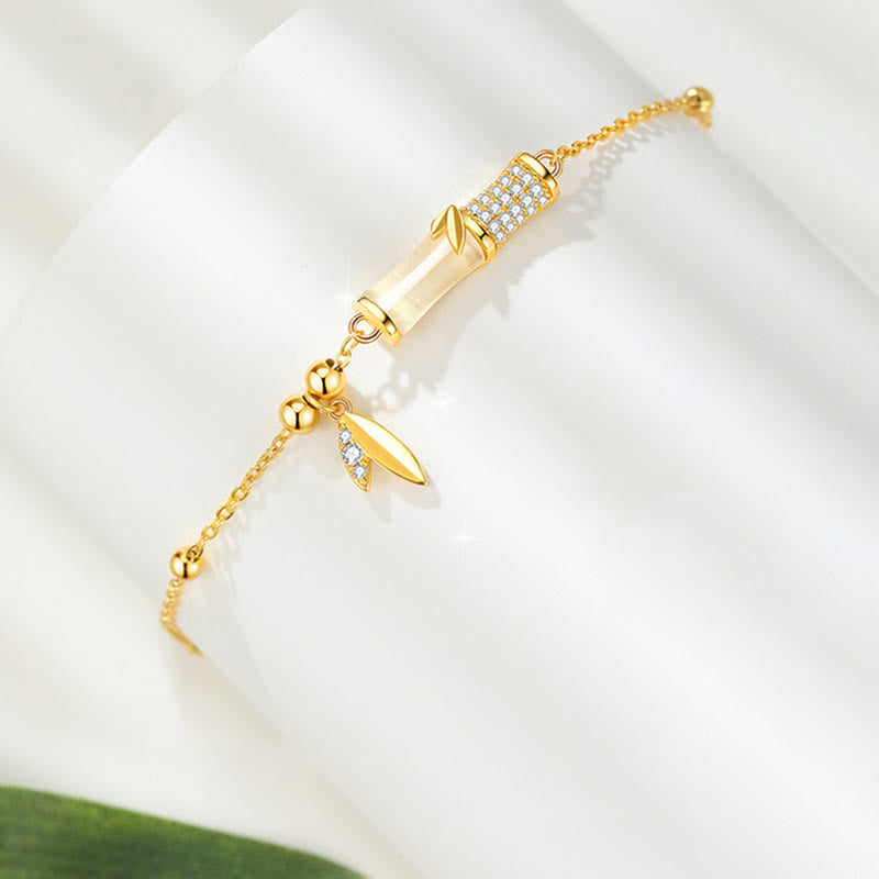 Fortune Jewel 925 Sterling Silver 18K Gold Plated White Jade Bamboo Zircon Leaf Luck Bracelet