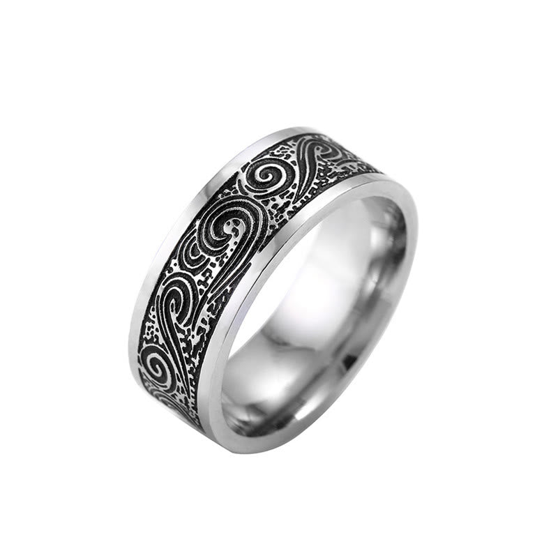 Fortune Jewel Vintage Wave Auspicious Clouds Engraved Pattern Titanium Steel Balance Ring