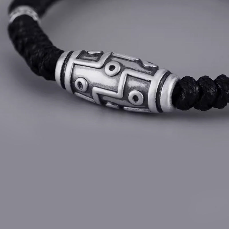 Fortune Jewel 999 Sterling Silver Nine-Eye Dzi Bead Pattern Blessing Rope Bracelet