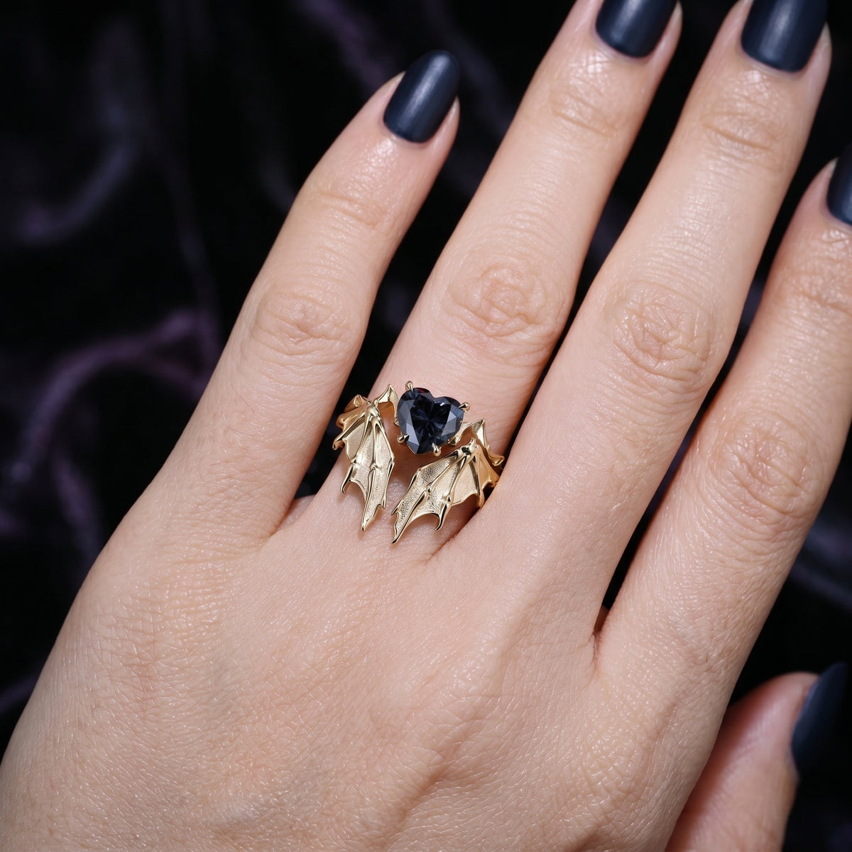Bat Ring - Gothic Heart Grey Moissanite Matte Textured Engagement Ring Set with Bat Wing Inspired Band