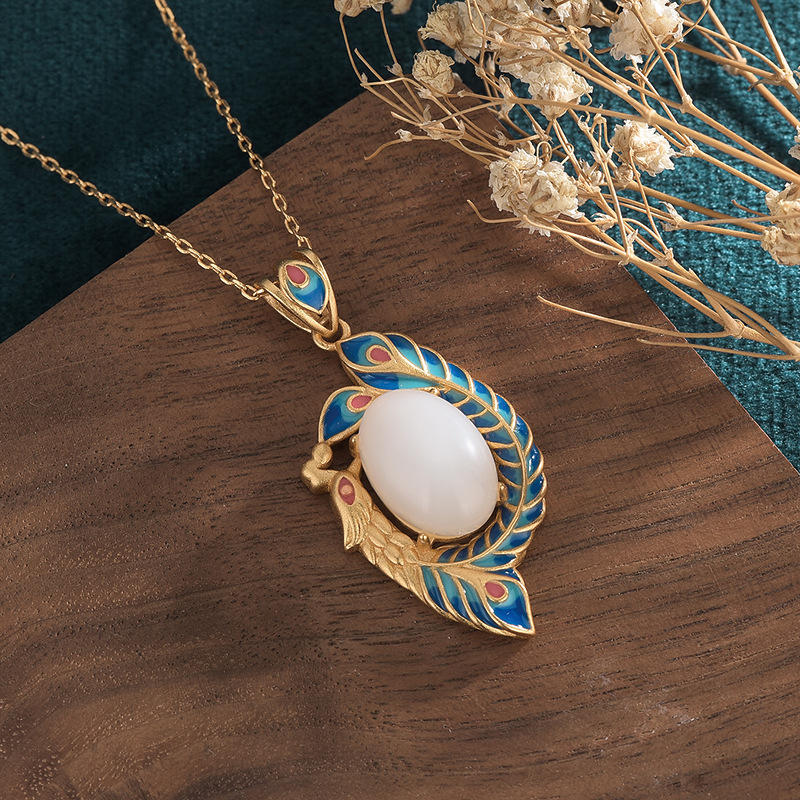 Fortune Jewel White Jade Peacock Copper Blessing Necklace Pendant