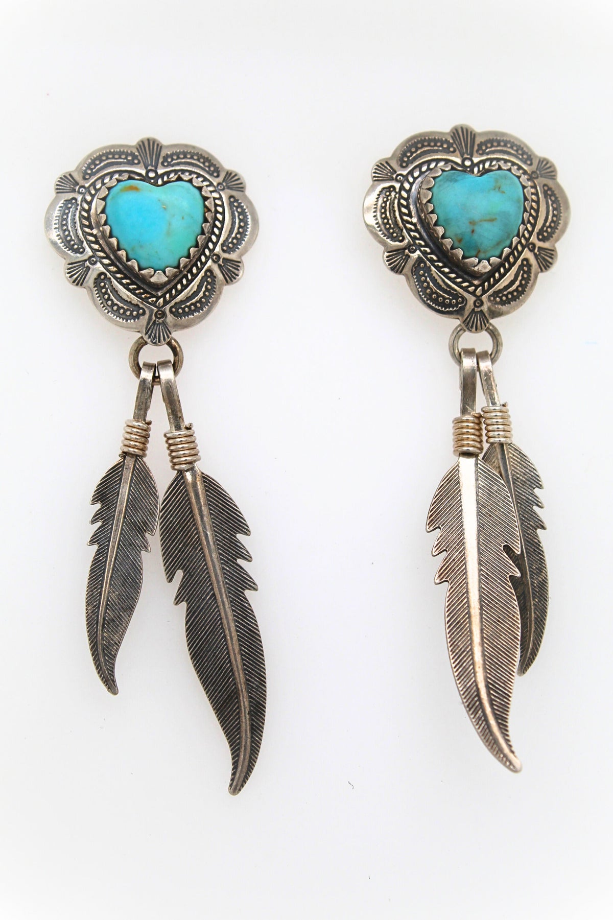 Sterling Silver & Turquiose Hearts Stud Earrings with SS Feathers 5.9 grams
