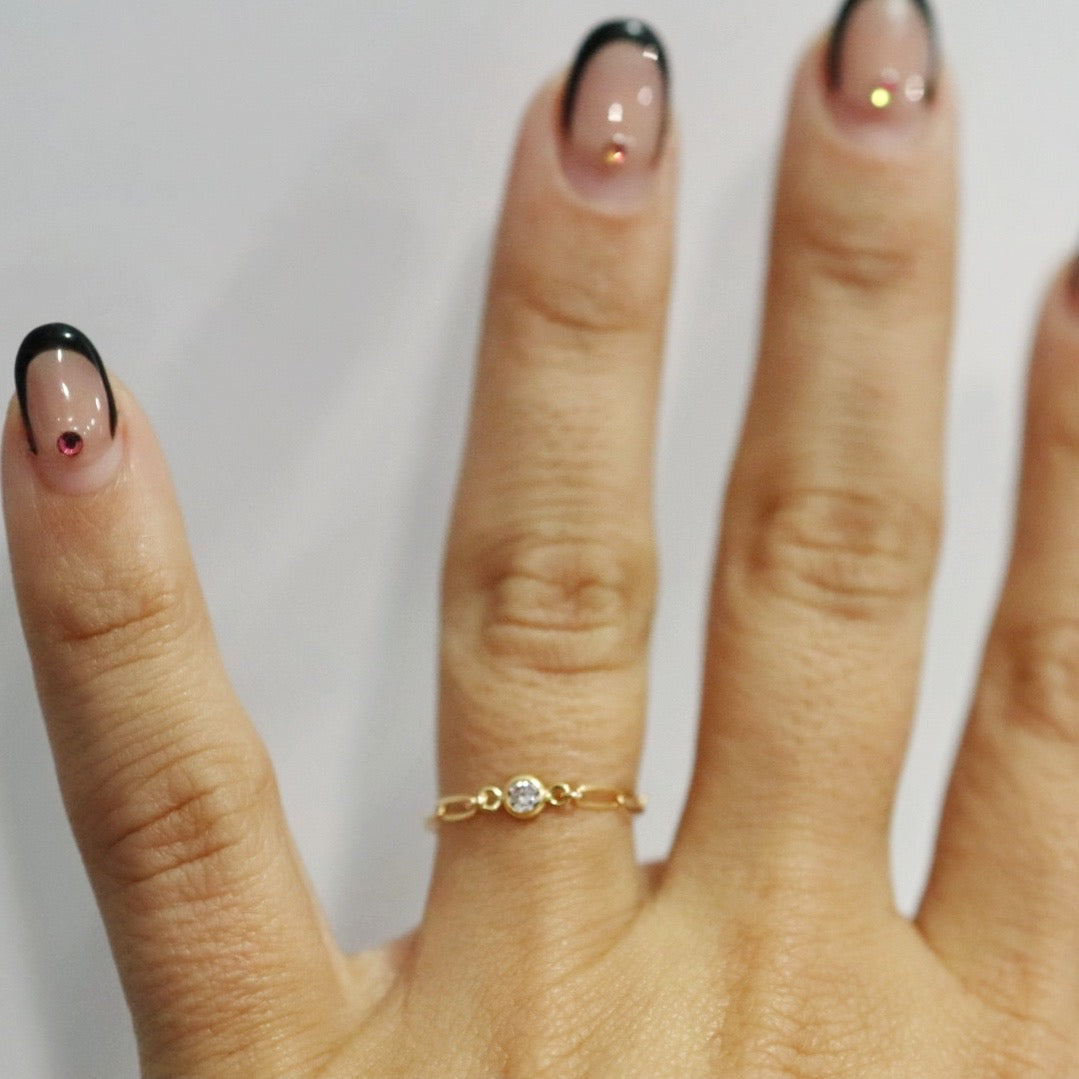 Gold Fill Dainty Paperclip Chain Ring with CZ Gemstone