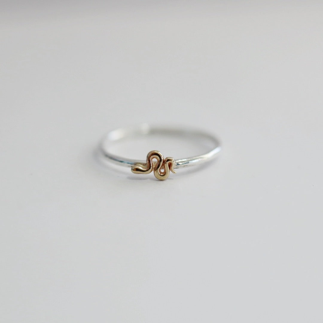 Tiny Snake Stacking Ring in Mixed Metal / Sterling Silver and 14 karat Yellow Gold / READY TO SHIP in 5.75