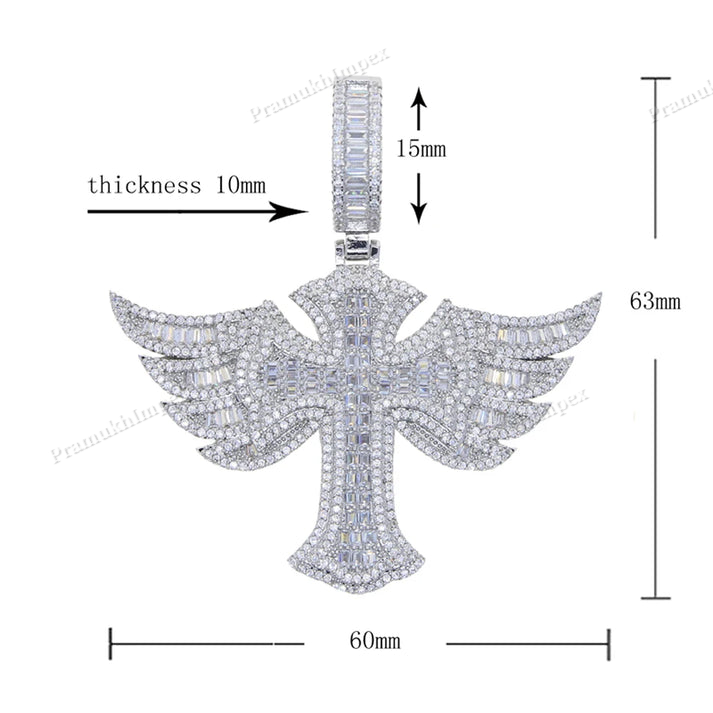 Moissanite Sterling Silver Baguette Wing Cross Pendant
