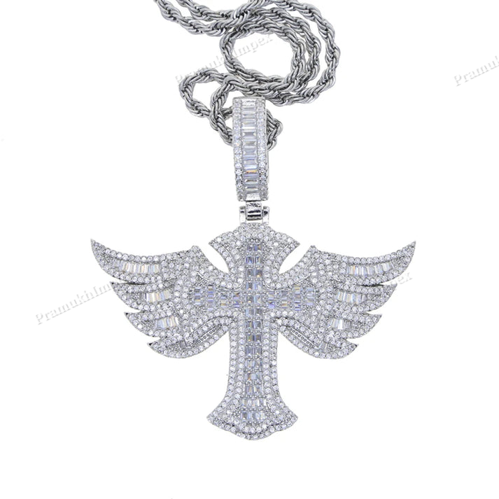 Moissanite Sterling Silver Baguette Wing Cross Pendant