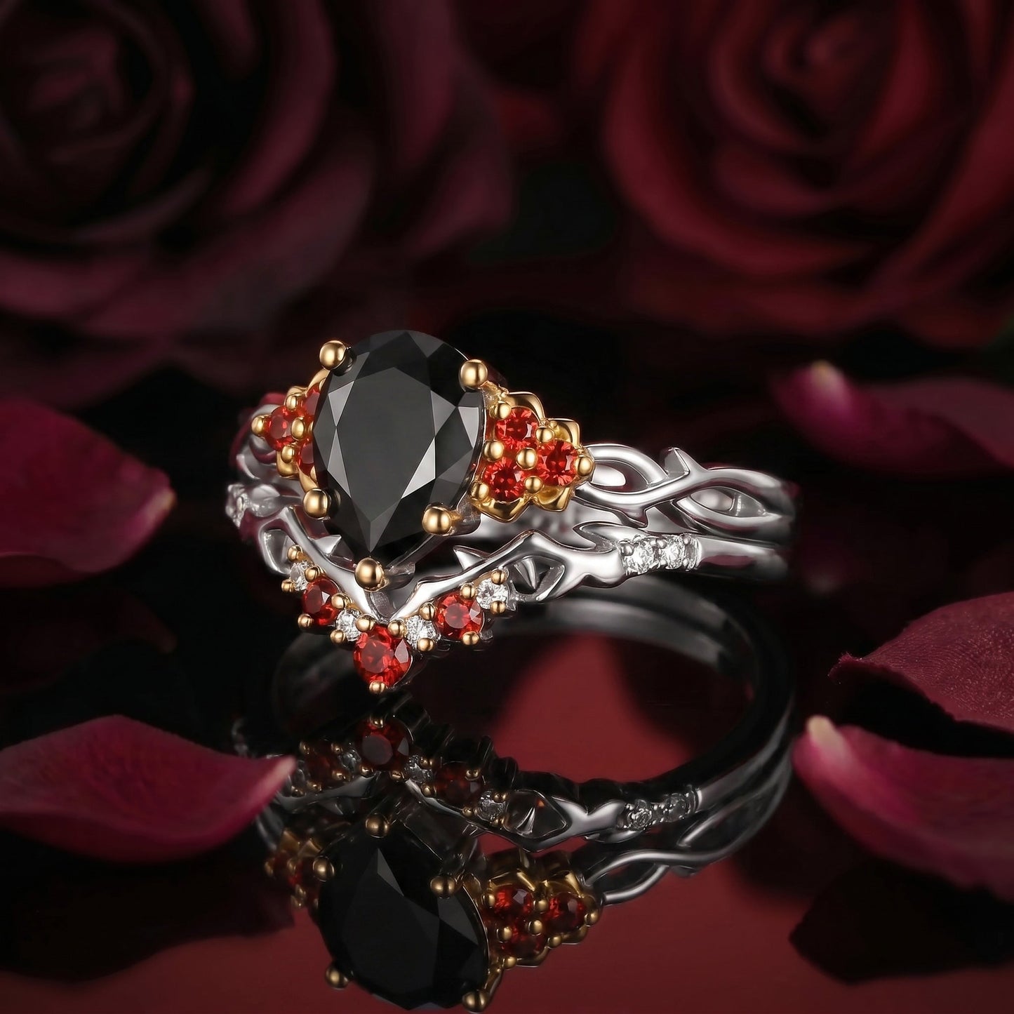 Nature Inspired Pear Shaped Black Moissanite 'Thorns & Roses' Two-Tone Engagement Ring Set 2pcs