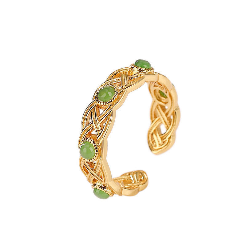 Fortune Jewel 925 Sterling Silver Plated Gold Cyan Jade Braided Design Success Luck Adjustable Ring