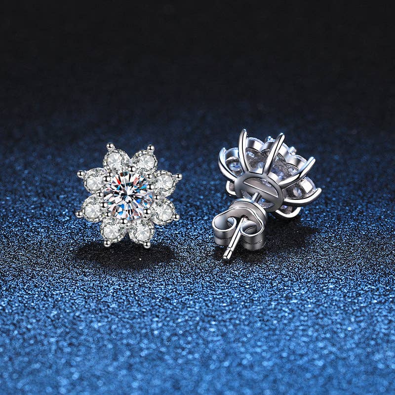 Moissanite Sunflower Stud Earrings in 925 Sterling Silver: 0.6 ct