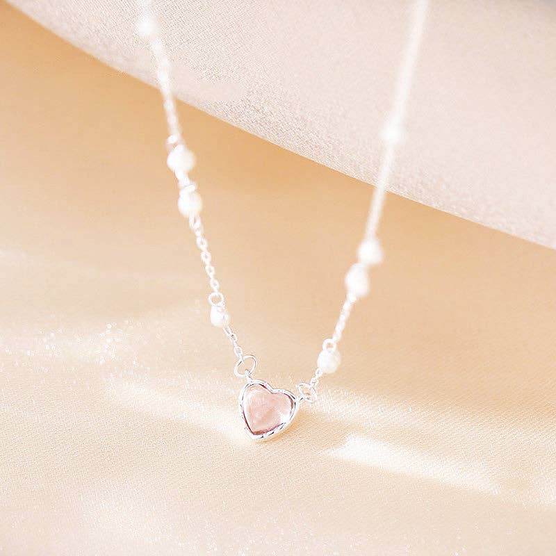 Dainty Pearl Heart Pendant Necklace in 925 Sterling Silver: Gold