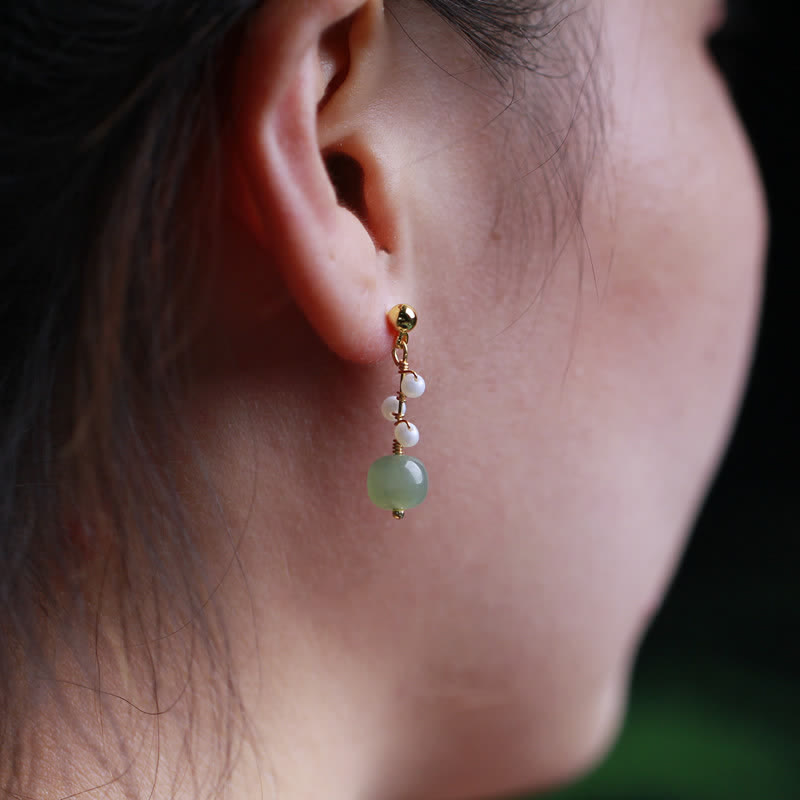 Fortune Jewel Hetian Jade Flower Pattern 14K Gold Plated Luck Drop Dangle Earrings