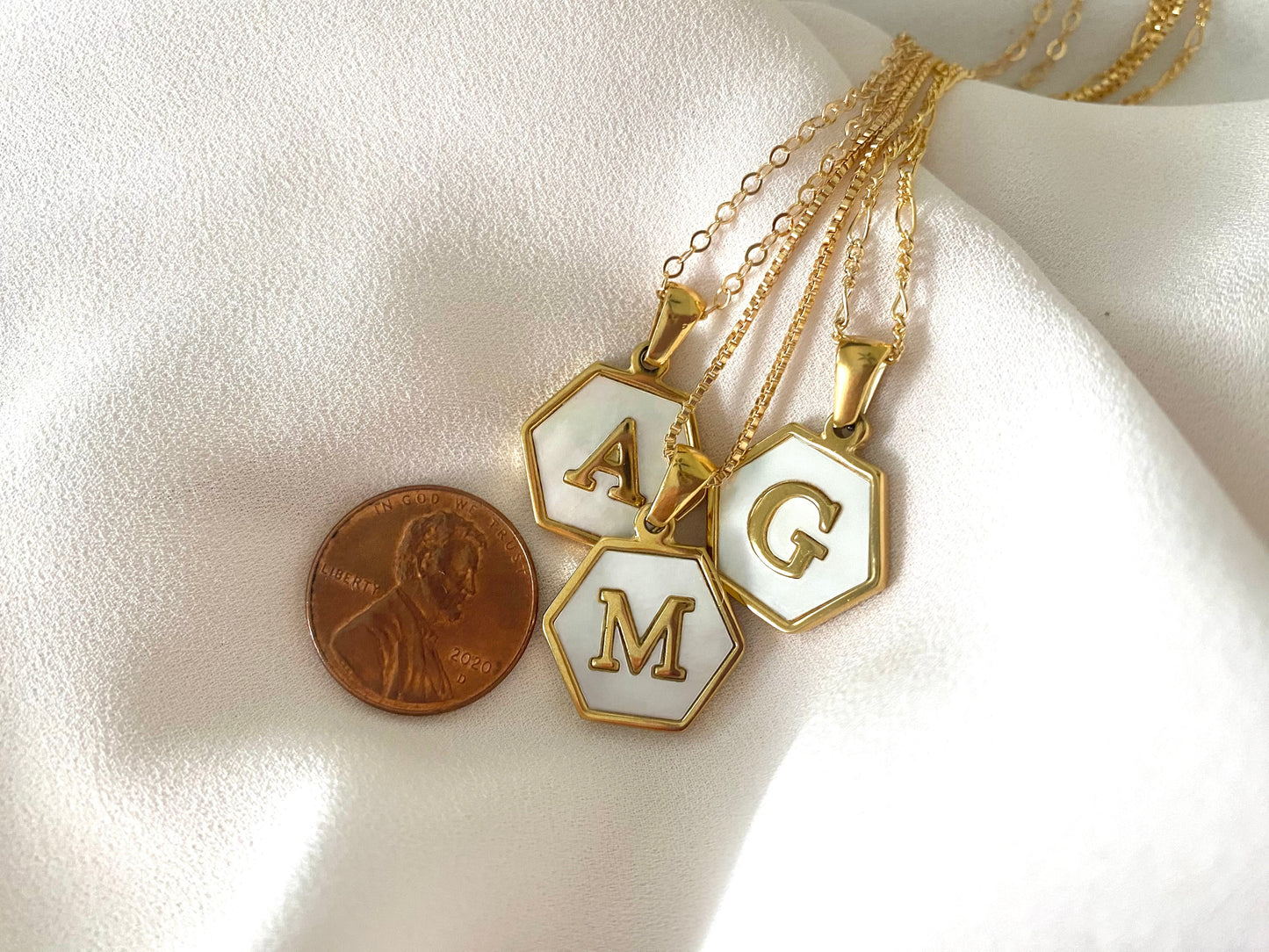 Gold Hexagon Mother of Pearl Letter Pendant Necklace - Gold Filled Chain