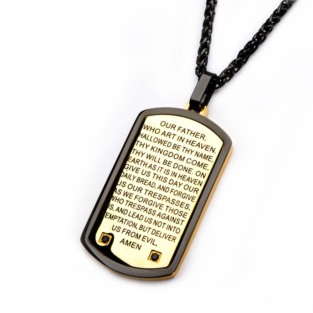Black & Gold IP Stainless Steel Dog Tag Necklace with Lord's Prayer