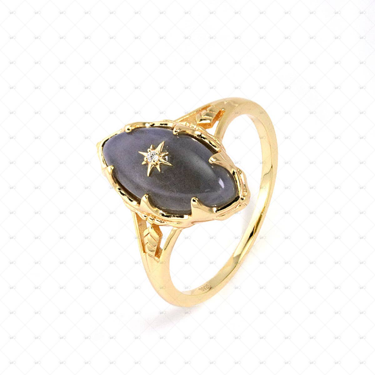 S925 Silver 14k Gold Plated Star Gray Oval Labradorite Ring: 8 N1/2