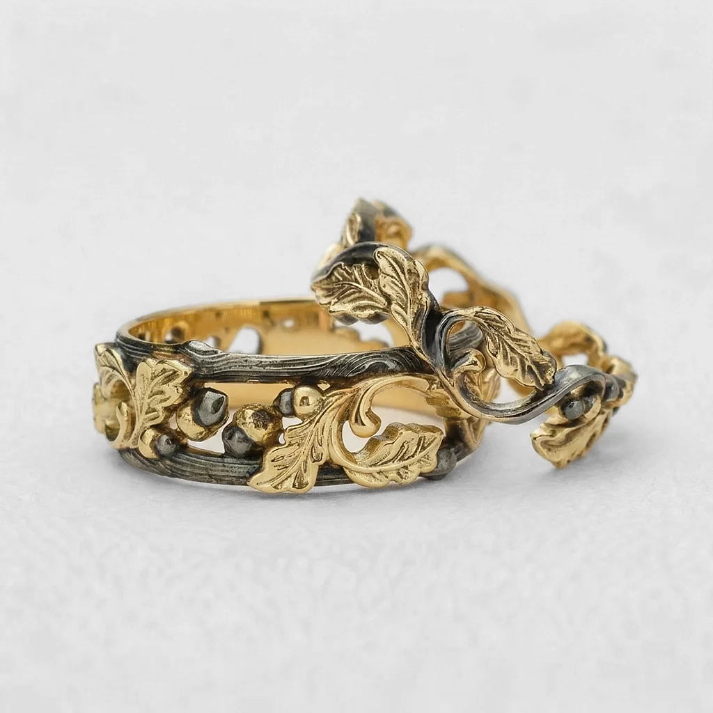 The Dark Grove Duet | Openwork Oak & Acorn Bands For Couple 2pcs