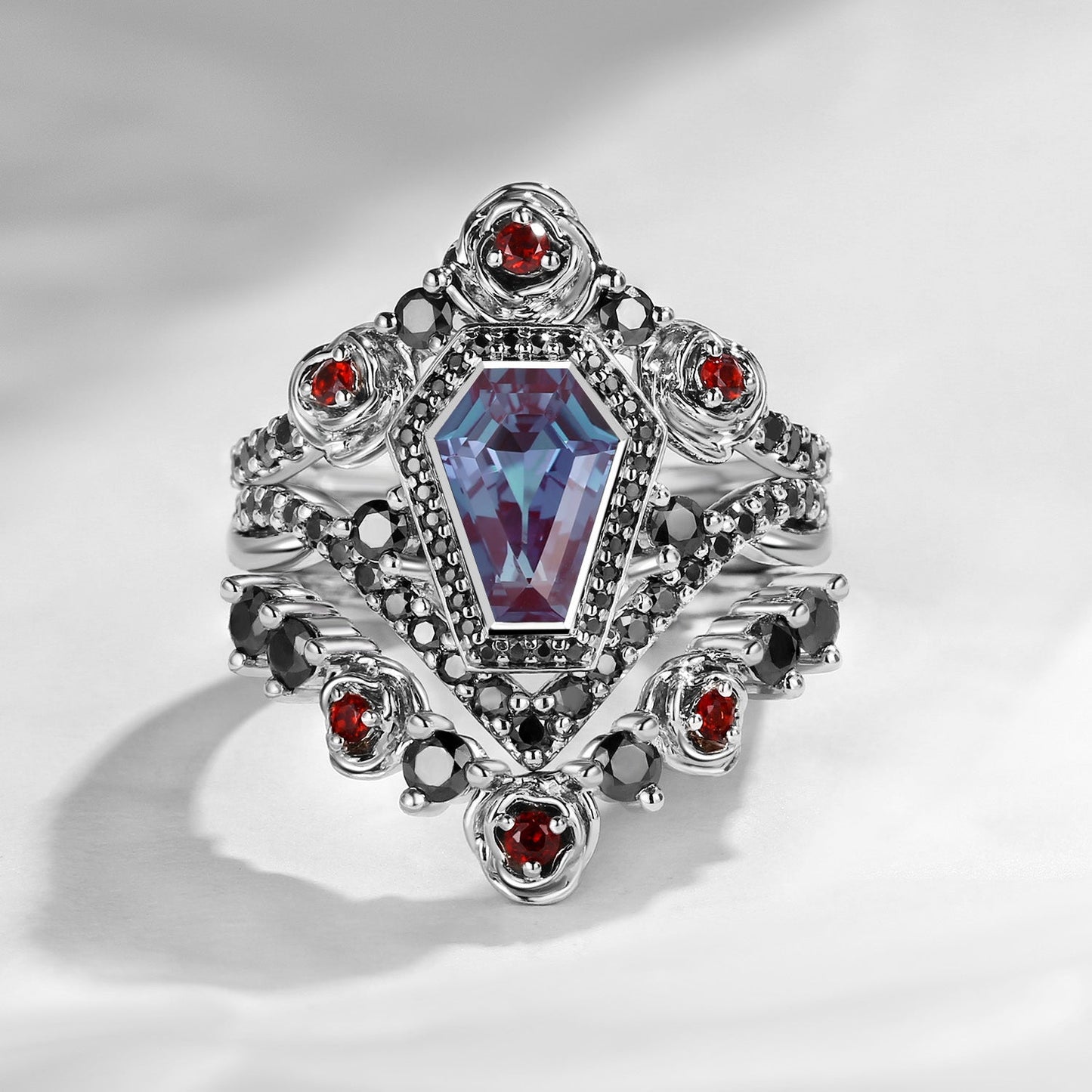 Unique Coffin Salt & Pepper Diamond Gothic Rose Flower Engagement Ring Set 3pcs