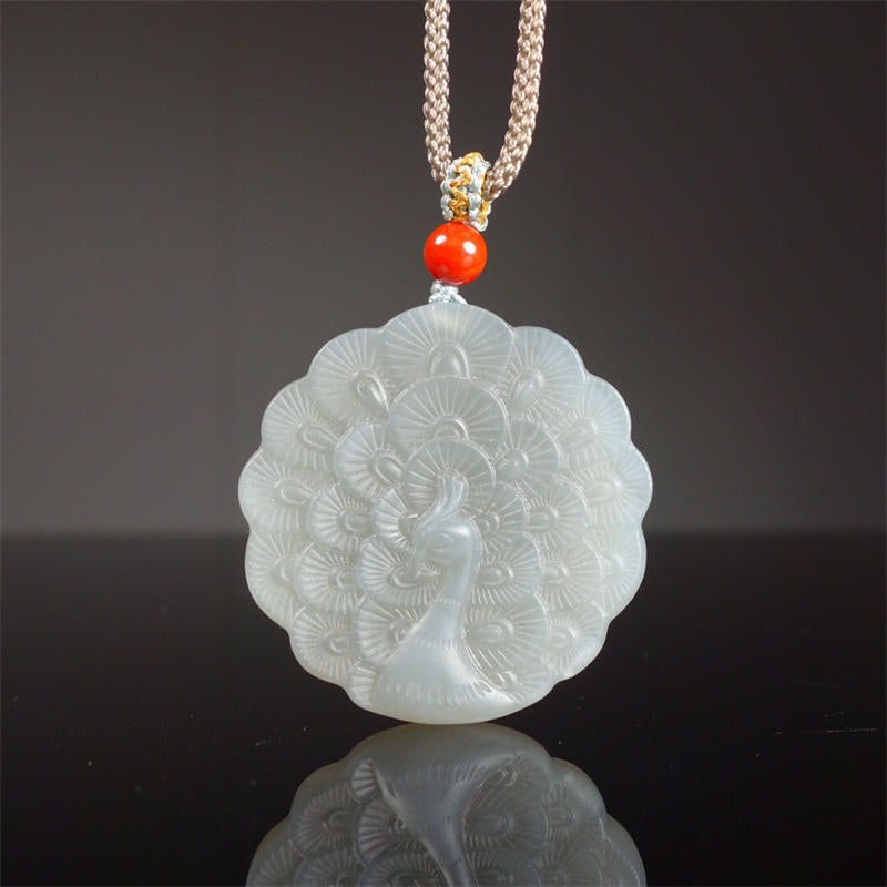 Fortune Jewel White Jade Peacock Protection Blessing Necklace Pendant