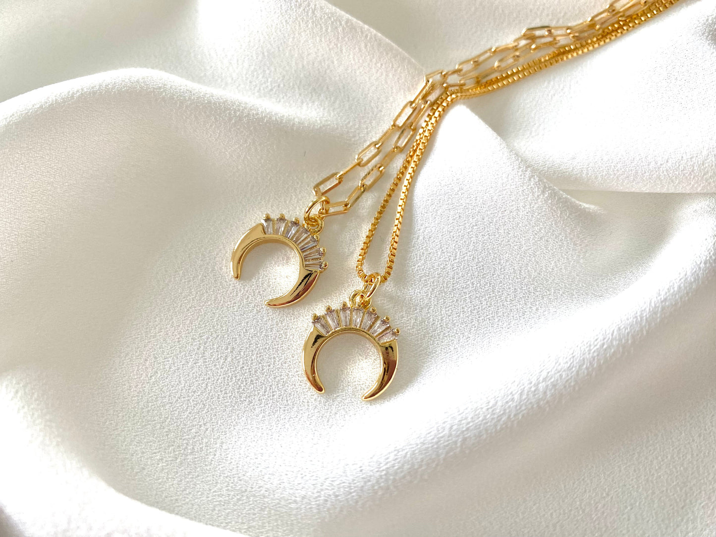 Dainty Gold Filled Crescent Moon with Crystals Pendant Necklace
