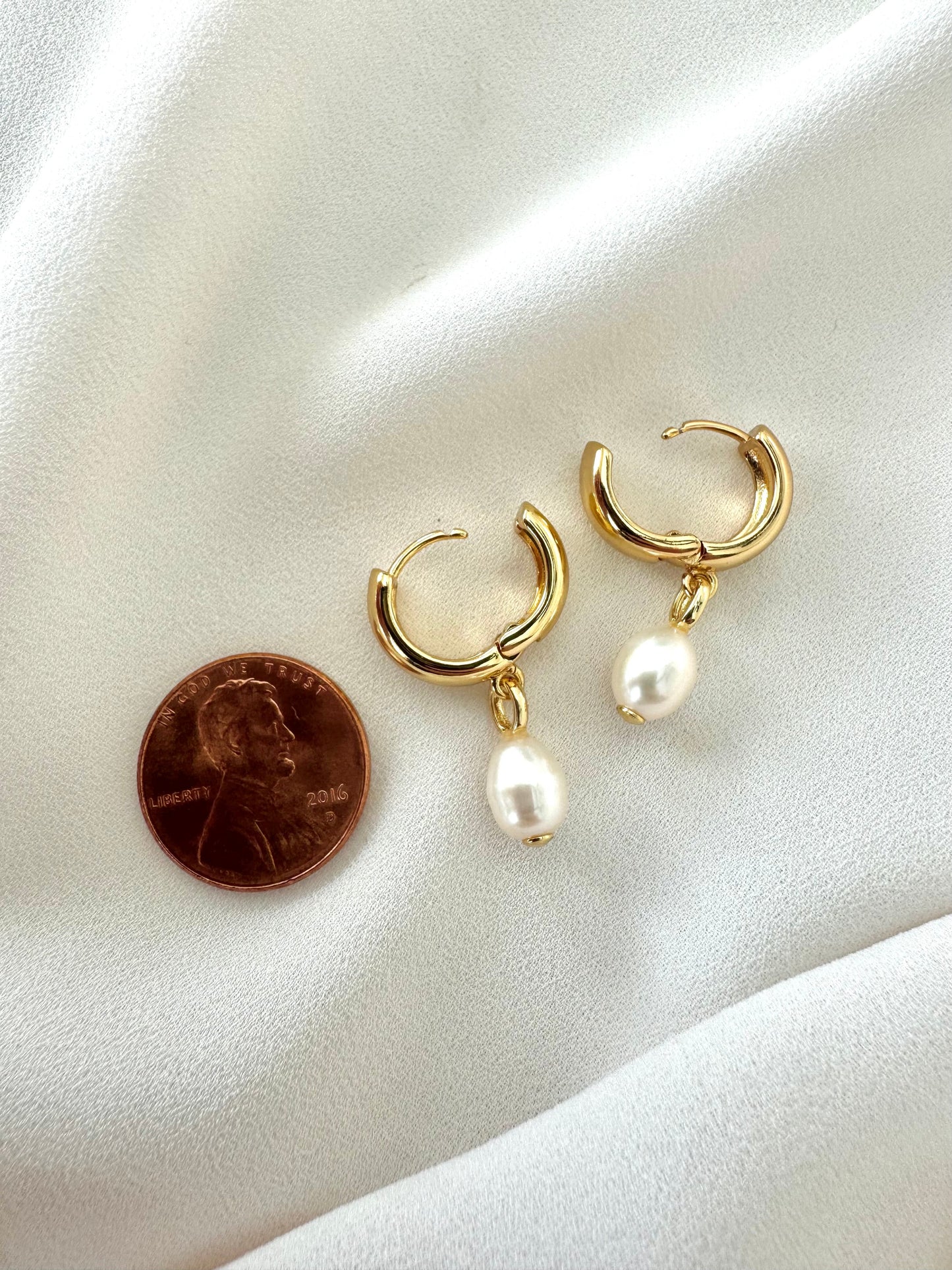 Chunky Gold Filled Hoop Huggies with Pearl Dangle Drops - June Birthstone