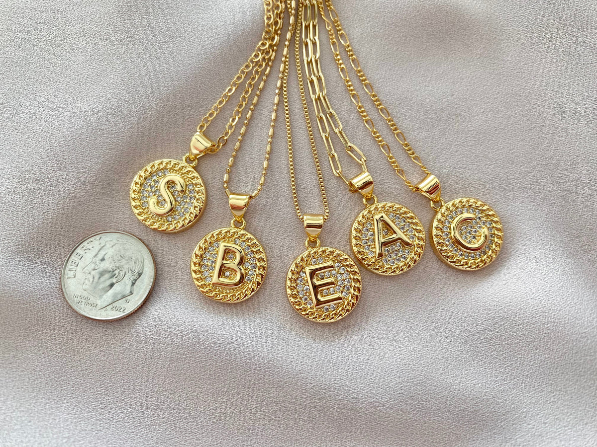 Gold Filled Letter Necklace Micro Pave Initial Pendant Coin Charm Minimalist CZ Letter Pendant Christmas Gift Paperclip Box Figaro Chain