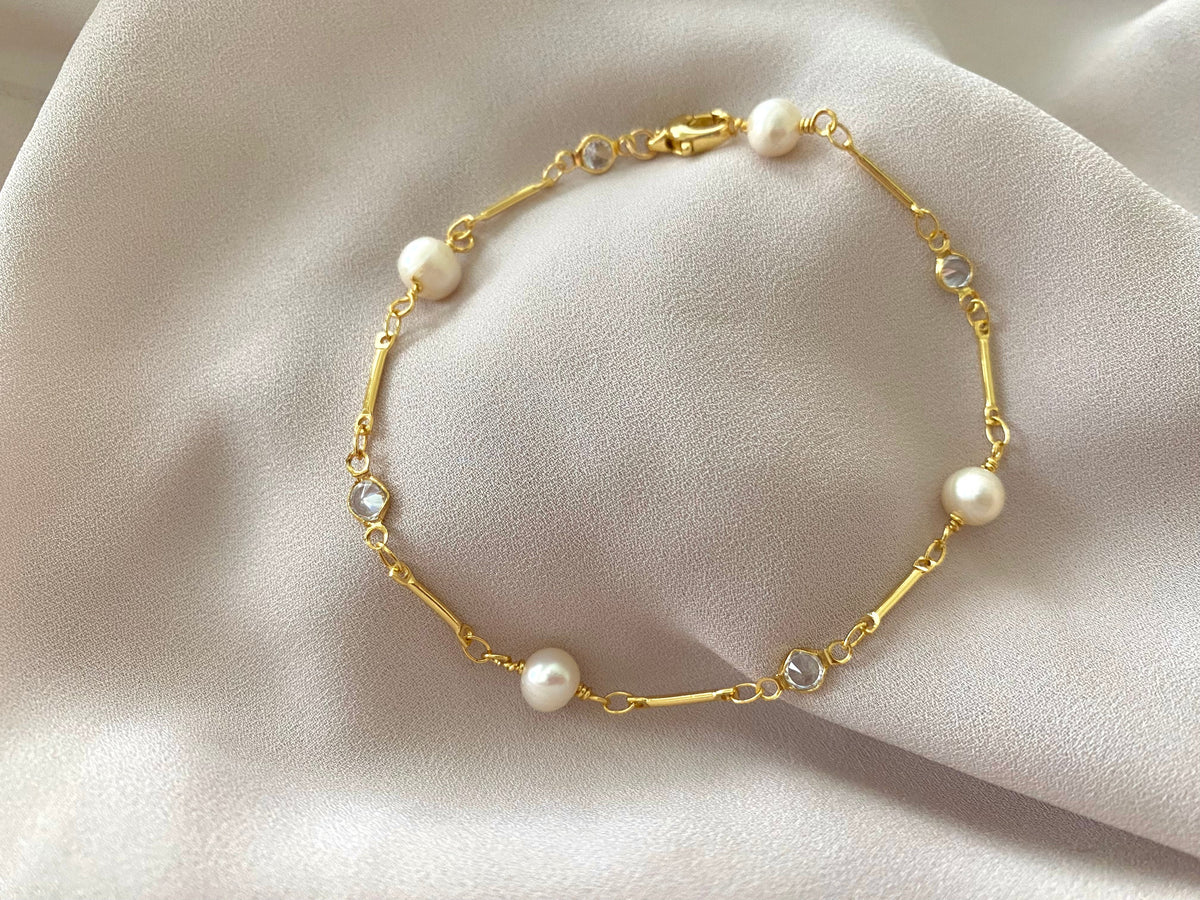 Gold Filled Paperclip Bracelet Pearl and Crystal Link Bracelet Gold Fill Bar Chain Dainty Stacking Bracelets Minimalist Jewelry Gift Idea June Birthstone