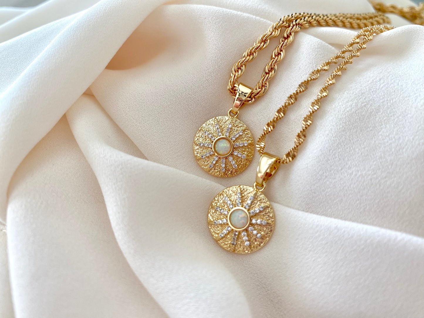 Opal Necklace Opal Coin Pendant Necklace October Birthstone Gold Filled Genuine Opal Charm Crystal Medallion Necklace Minimalist Jewelry