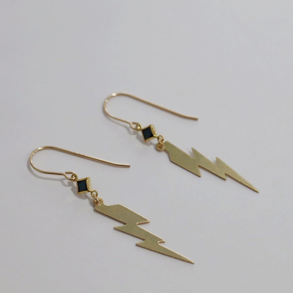 Lightning Bolt and Black Diamond Dangle Earrings in 14 karat Gold Fill / ready to ship