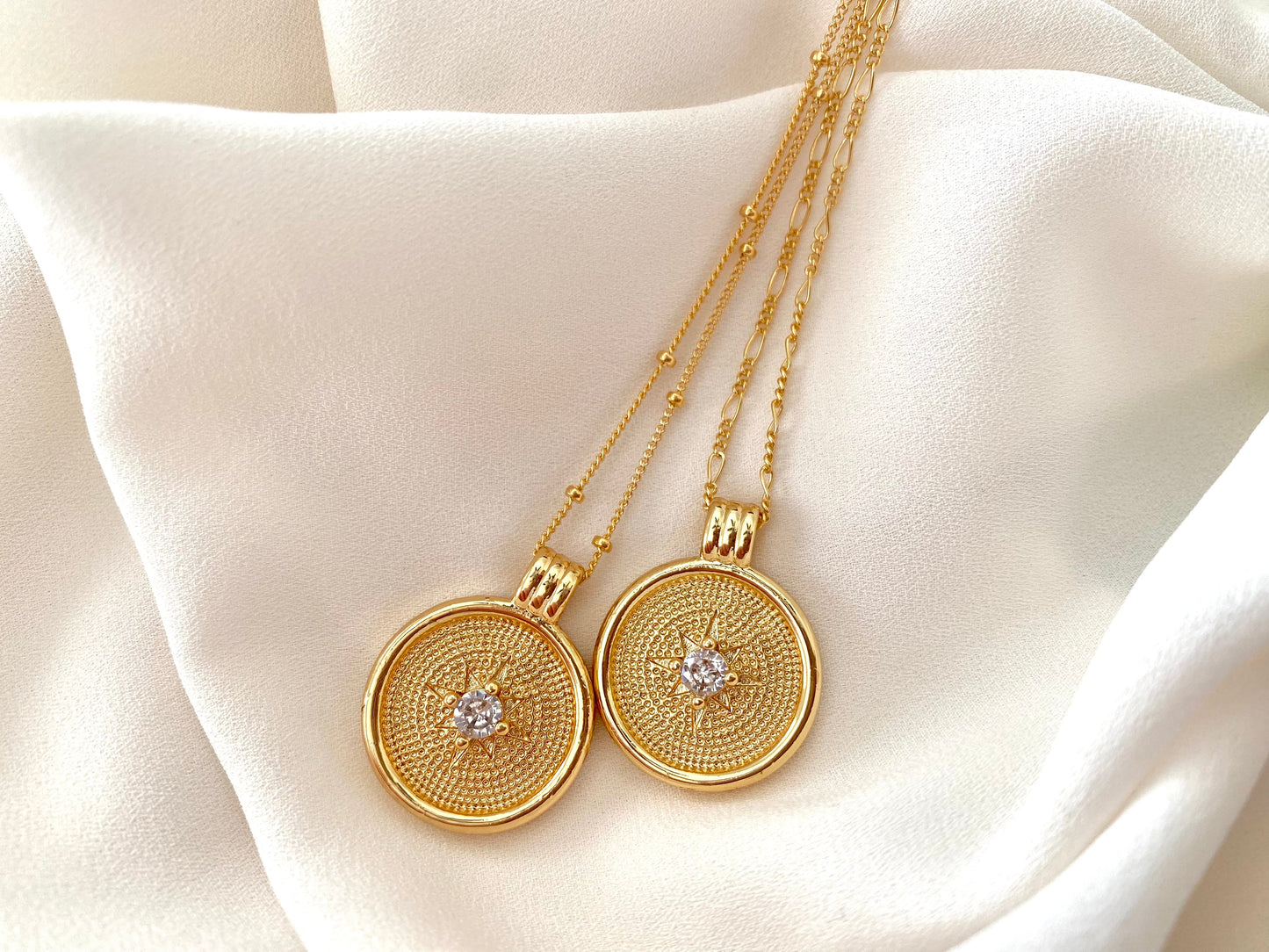 Gold Coin Necklace with CZ Crystal Charm Gold Filled Medallion Necklace Dainty Paperclip Figaro Chain Minimalist Layering Necklace Gift Idea