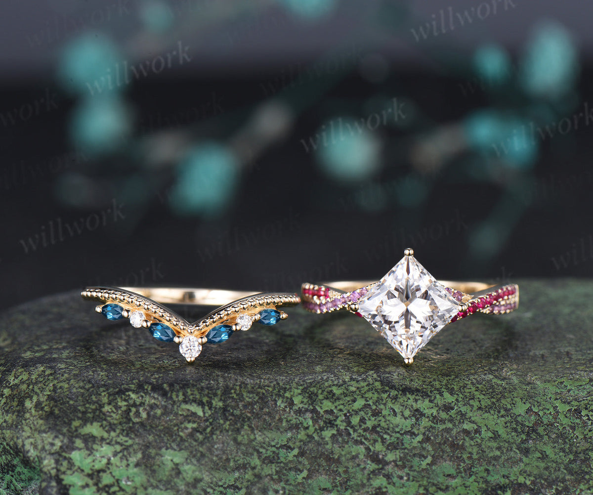 Princess Cut IGI Lab Grown Diamond Twisted Engagment Ring Set Ruby Amethyst Accent Ring Milgrain London Blue Topaz Band Unique Bridal Set
