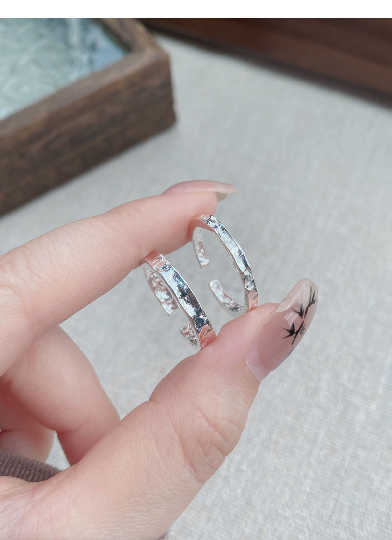 Stone Texture Open Ring, Minimalist Irregular Concave-Convex Band, Ins Cold Style Adjustable S925 Sterling Silver  Ring for Women
