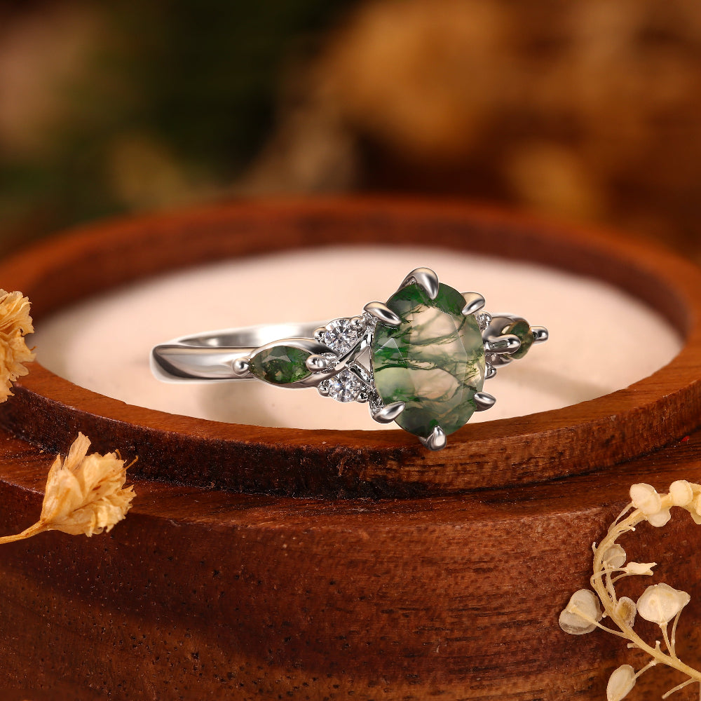 6*8mm Oval Cut Moss Agate Engagement Ring Nature Inspired Leaf Design Ring with Green Accents