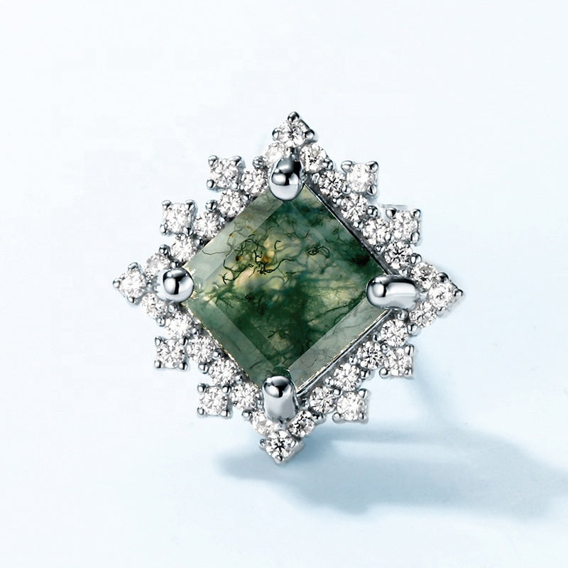 Snowflake Princess Cut Moss Agate Stud Earrings