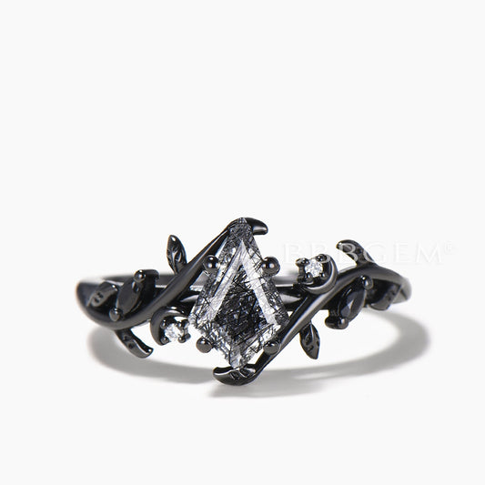 Kite Cut Natural Black Rutilated Quartz Engagement Ring Spinel Black Gold Ring