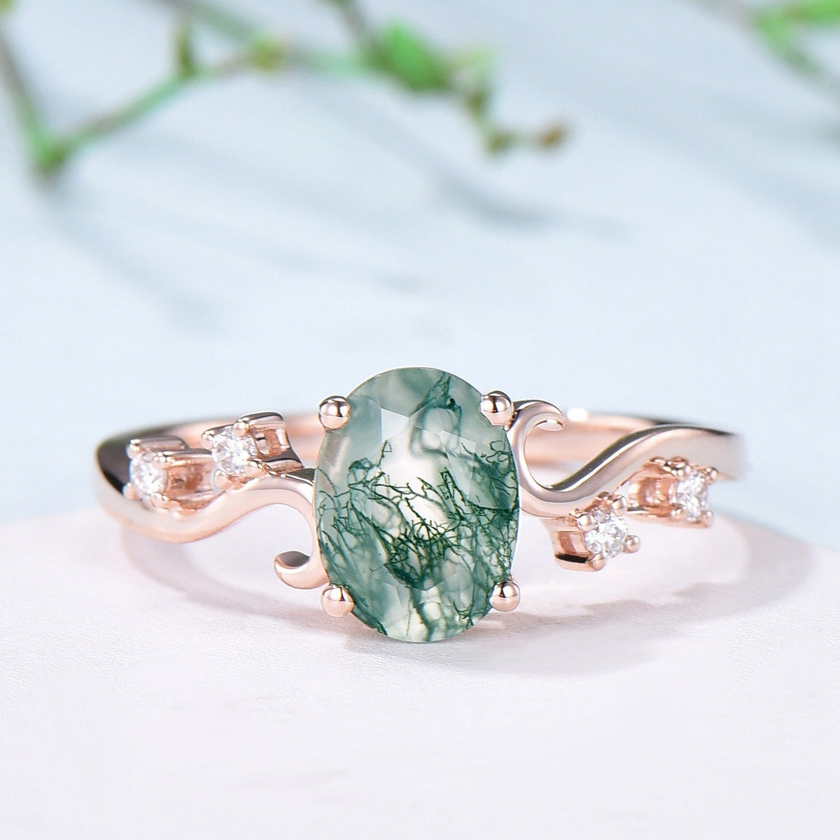1.5CT Oval Natural Moss Agate Twist Engagement Ring Art Deco Silver Rose Gold Wedding Ring Garden Jewelry Mom's birthstone anniversary gift