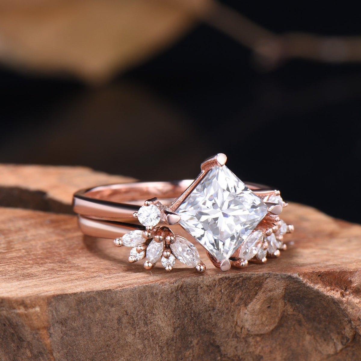2CT Princess Shaped Moissanite Three Stone Engagement Ring Diamond Cluster Open Gaps Stacking Band Rose Gold Wedding Bridal Set Women Gifts