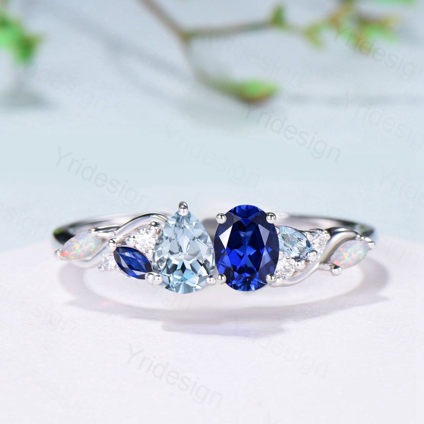 Toi et Moi Blue Sapphire & Aquamarine Engagement Ring | Pear and Oval Cut