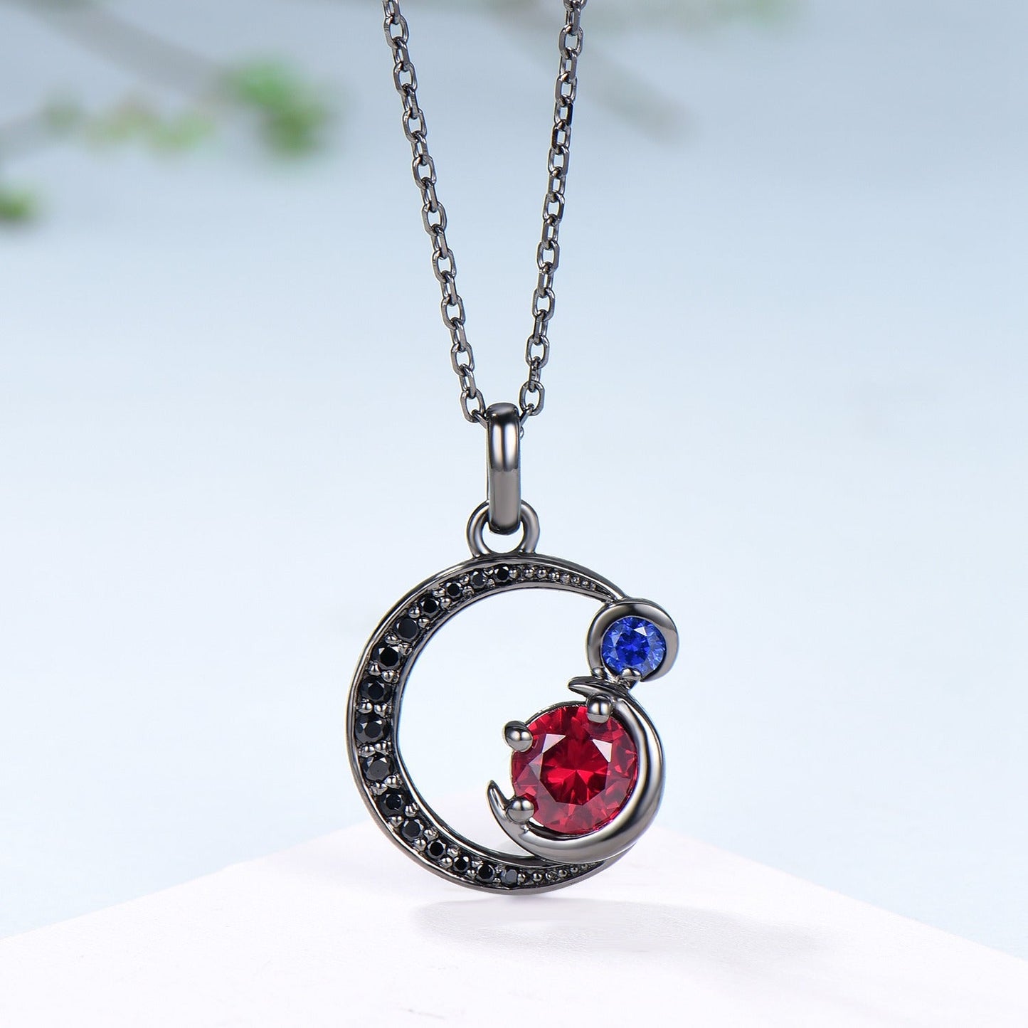 Unique Black Gold Ruby Necklace Magic Crescent Moon Ruby Sapphire Pendant Necklace Magic Crescent Moon Gothic Anniversary Gift for Daughter