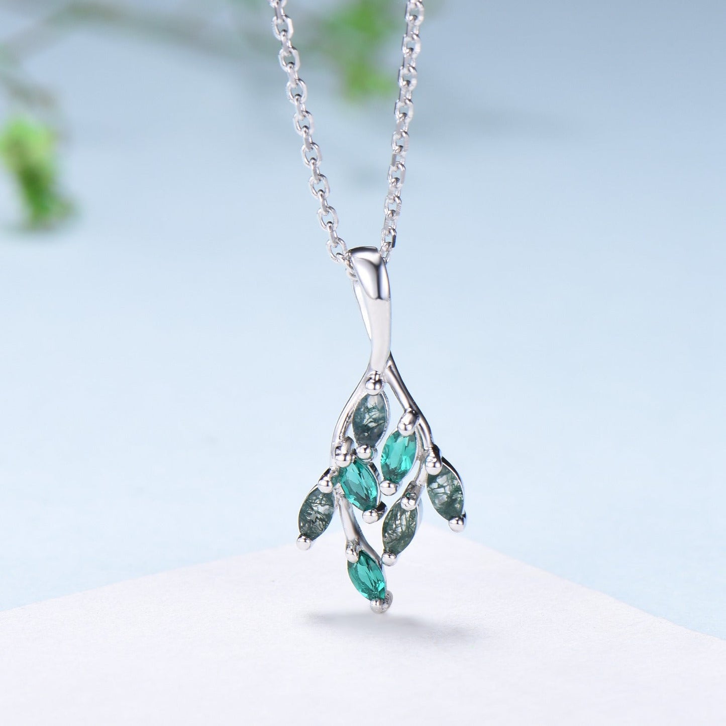 Vintage Moss Agate Necklace Unique Marquise Green Agate Leaf Style Pendant Dainty Branch Guard Emerald Pendant Unique Anniversary gift women