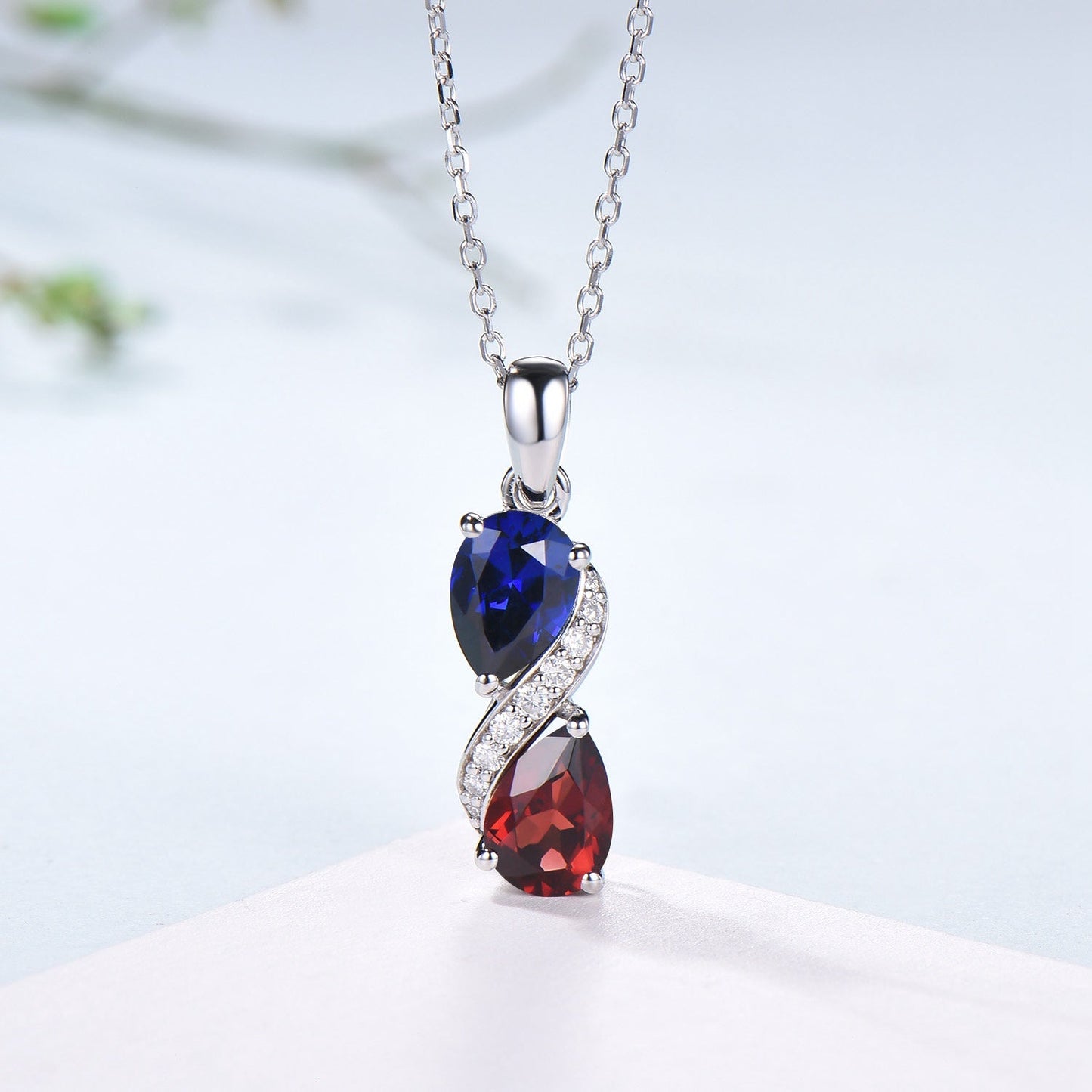 Sapphire Garnet Snake Pendant Necklace, Moissanite Diamond Accent, 14K White Gold