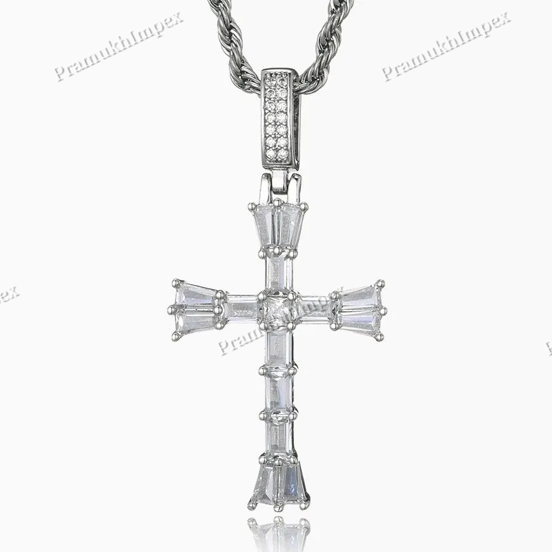 Handmade Baguette Moissanite 925 Silver Yellow Gold Plated Cross Pendant