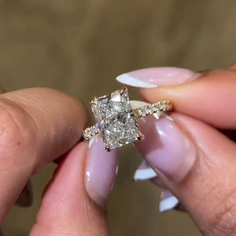 Radiant Cut Hidden Halo Engagement Ring With Half Paved Band